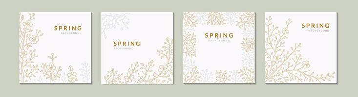 Set of spring social media square post templates. Japanese sakura cherry blossom. Gold and silver branches. Botany background. Hand drawn sketch vector illustration. Wedding invitation and card design