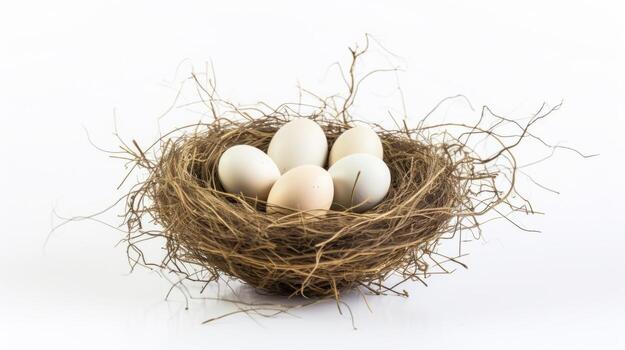 AI generated A bird nest with five white eggs isolated on white background photo