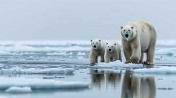 ai generado un polar oso con dos cachorros en derritiendo icebergs ártico fauna silvestre global calentamiento foto