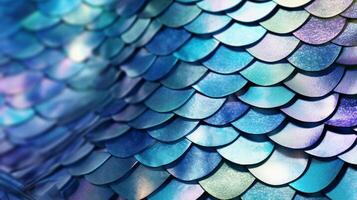 AI generated close-up blue and purple scales pattern fish mermaid scales. photo