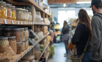 ai generado un Pareja compras en un cero residuos Tienda con clientes dejar de lado valores con reutilizable producto foto