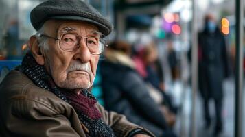 ai generado envejecimiento sociedad antiguo hombre calentar ropa con lentes sentado a un autobús detener murga para el autobús foto