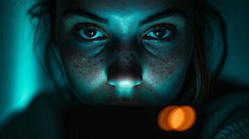 AI generated close up of woman Freckled face and smartphone screen blue light photo