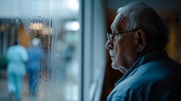 ai generado envejecimiento sociedad antiguo hombre mirando fuera de lloviendo ventana en un enfermería hogar foto