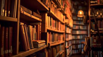 AI generated bookshelves with warm lighting filled with books on lifelong learning photo
