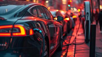 AI generated Global Warming street with electric vehicles plugged into charging stations photo