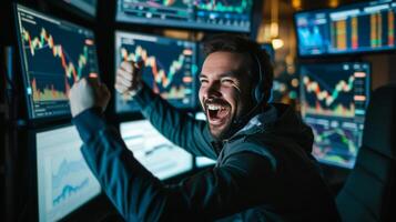 AI generated Profitable Trading A Confident Trader Celebrating in Front of Computer Screens with Stock Prices and News photo