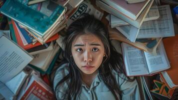 AI generated top view of woman student surrounded by textbooks with educational expenses problem photo