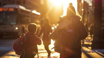 ai generado soltero mamá caminar su niño a un autobús con pesado mochilas foto