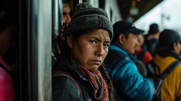 AI generated group of immigrants passengers in a public train station photo