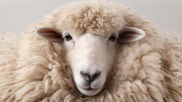 AI generated Animal rights concept A close-up of a sheep with thick fluffy wool photo