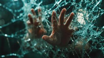 AI generated mental breakdown man try to escape breaking window by hand photo