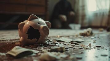 AI generated Shattered Piggy Bank with Money Spilling Out on the floor financial loss investment failure photo