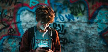 ai generado Adolescente chico leyendo acoso cibernético mensajes en contra un pintada pared fondo foto