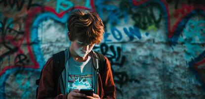 AI generated teenage boy reading cyberbullying messages against a graffiti wall backdrop photo