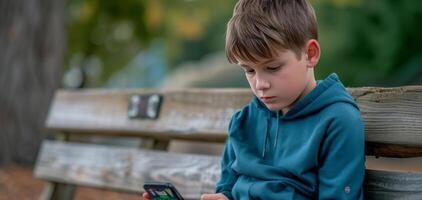 AI generated young boy sitting alone on a bench with smartphone facing cyberbullying photo