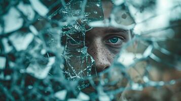 AI generated psycho man looking through breaking glasss window mental illness photo