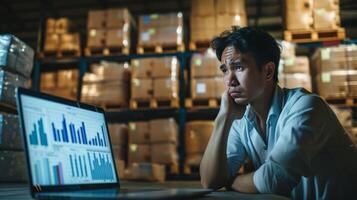 AI generated stress entrepreneur man staring at a laptop screen displaying sales graphs unsold inventory in the background photo