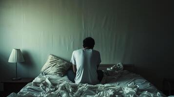 AI generated depression young man sitting on bed staring into the wall facing away photo