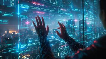 AI generated A City Skyline and a Hologram Screen with a Digital Trading Interface Controlled by a Hand. photo