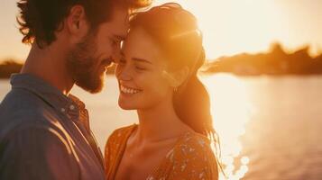 AI generated Smiling Couple by the Lake at Sunset background photo