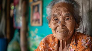 AI generated Old woman with a sorrowful smile and yellow teeth posing with family photographs. photo