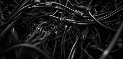 ai generado un cerca arriba enredado lío de negro cables en el caja foto