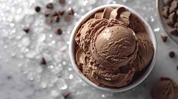 AI generated Delicious chocolate ice cream with ice cubes and choco chips, sweet dessert background. photo