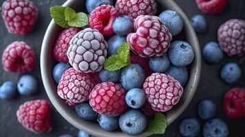 AI generated Frozen Berry Medley Strawberries, Blueberries, frozen berries background. photo