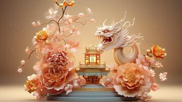 AI generated Happy chinese new year the dragon zodiac sign with flower, lantern, chinese elements. made from resine luxury style. 3d render. photo
