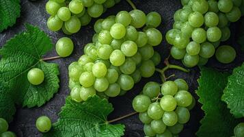 AI generated A cluster of fresh green grapes, an artistic arrangement for aesthetic appeal. Grapes background. photo