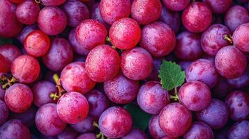 AI generated Red Grapes background. Neatly arranged clusters of red grapes, an artistic arrangement to highlight the color and beauty. photo