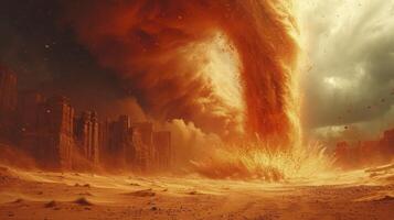 ai generado un arena tornado escena en el Desierto con rojo arena creando un poderoso visual efecto. foto