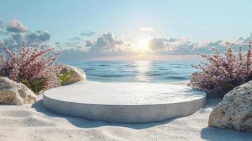 AI generated close-up a white podium in round-shaped displayed on the sand. Blue sky background. photo