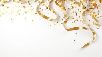 AI generated Golden Tiny Confetti And Streamer Ribbon Falling On White Background. 3d render elegant. photo