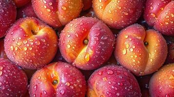 AI generated fresh peaches with water drops background. photo