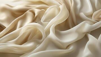 AI generated Wavy warm toned soft white silk fabric background. The luxurious fabric texture is very realistic and detailed. photo
