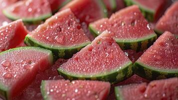 AI generated Piles of fresh watermelons slices filled the entire space. wet with water droplets, photographed from above. photo