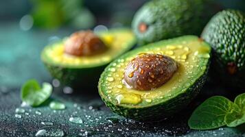 AI generated Beautiful cuts of avocado, a creative layout to emphasize the fruit's softness and deliciousness, a few drops of water. photo