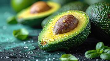 ai generado hermosa cortes de palta, un creativo diseño a enfatizar el de frutas blandura y delicia, un pocos gotas de agua. foto