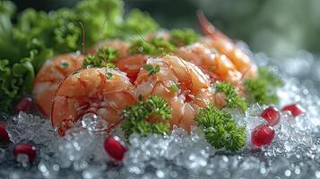 ai generado suculento congelado camarón. el frescura de el camarón cerca arriba vista. Mariscos fotografía. foto