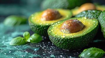 AI generated Beautiful cuts of avocado, a creative layout to emphasize the fruit's softness and deliciousness, a few drops of water. photo