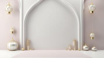 AI generated Ramadan background all white, gold accents. minimalism 3d rendering photo