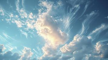 AI generated a clear blue sky scene with a trail of wispy Cirrus clouds and fine grains. photo