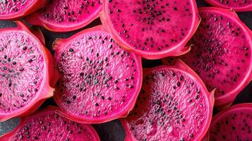 AI generated Stunning background featuring slices of vibrant dragon fruit arranged artistically, capturing the exotic appeal and refreshing hues, full of frame, fresh vibe, top of view, Dragon Fruit photo