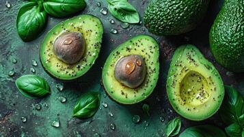AI generated Beautiful cuts of avocado, a creative layout to emphasize the fruit's softness and deliciousness, a few drops of water. photo