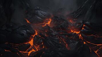 AI generated Dry black lava, there is liquid lava flowing between the many cracks. tense atmosphere in the dark. there was a thin layer of smoke in between. 3D Render illustration photo