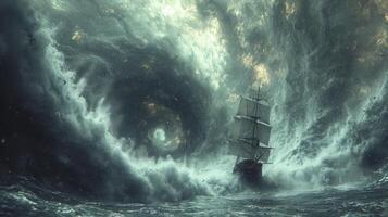 AI generated a tornado storm at sea with a ship bobbing amidst huge waves. photo