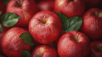 AI generated Red apples background, wet with water droplets, are piled into a large container and photographed from above. photo