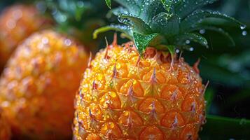 ai generado tropical piña paraíso - un antecedentes exhibiendo un tropical paraíso con un piña, capturar el exótico y vibrante esencia de el Fruta mojado con agua gotita. foto